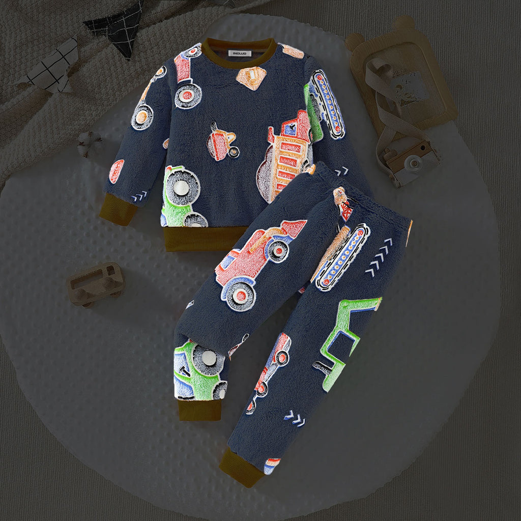 Boys Light Blue Crane Cartoon Printed Glow in the Dark Sweatshirt With Jogger Winter Set 2 pc. Sets Light Blue 3-4 Y