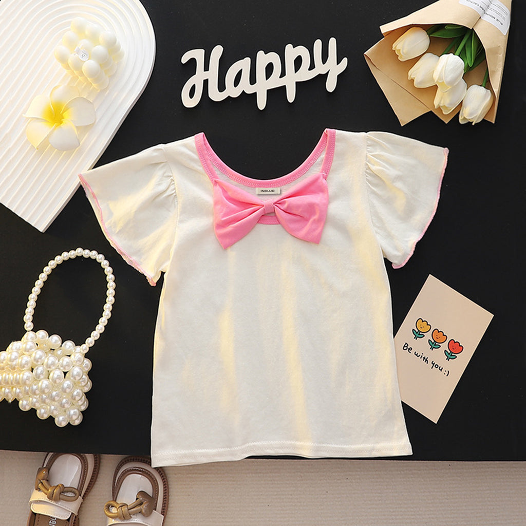 Girls Flower Motif Flared Sleeve Top Tops White 1-2 Y 