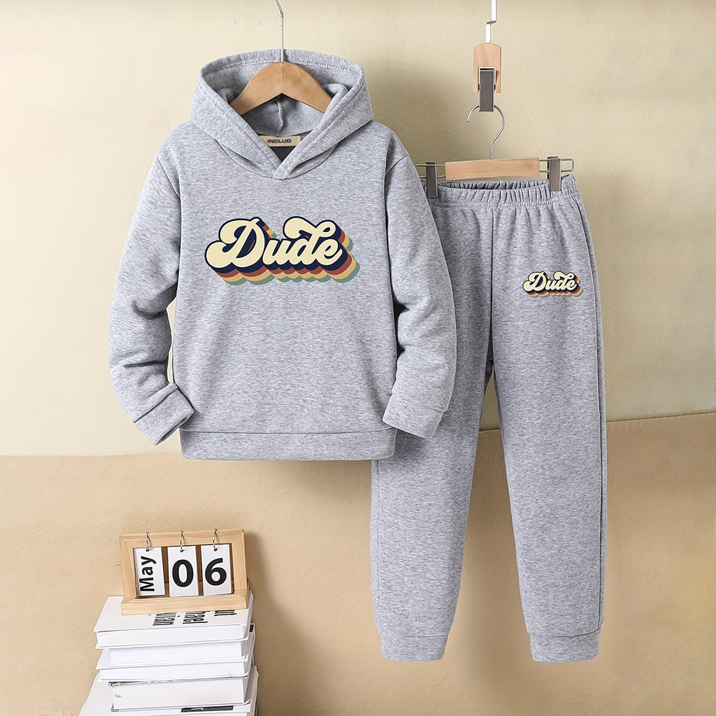 Boys Grey Melange Dude Printed Hooded Sweatshirt with Joggers Set Sets Grey 5-6 Y
