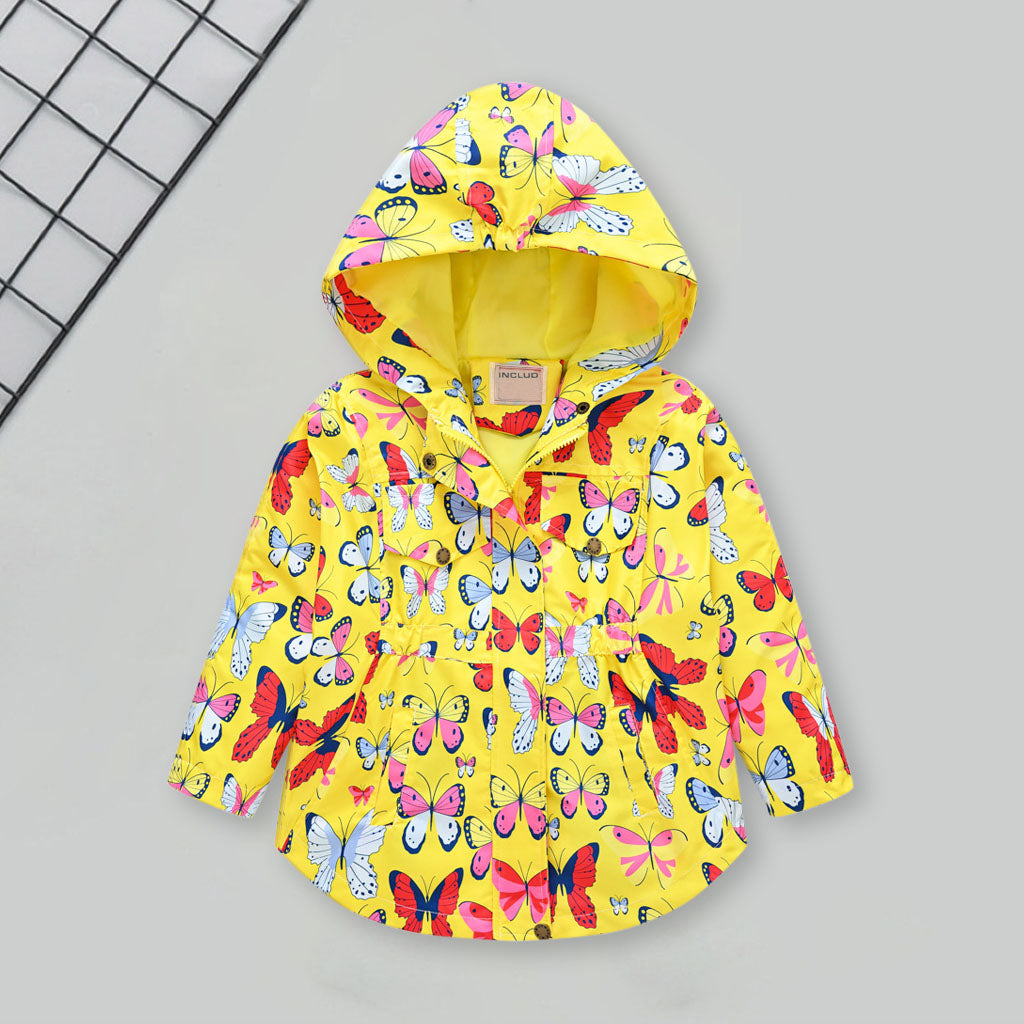 Girls Yellow Butterfly Printed Front Zipper Hooded Winter Jacket Coats & Jackets Yellow 2-3 Y