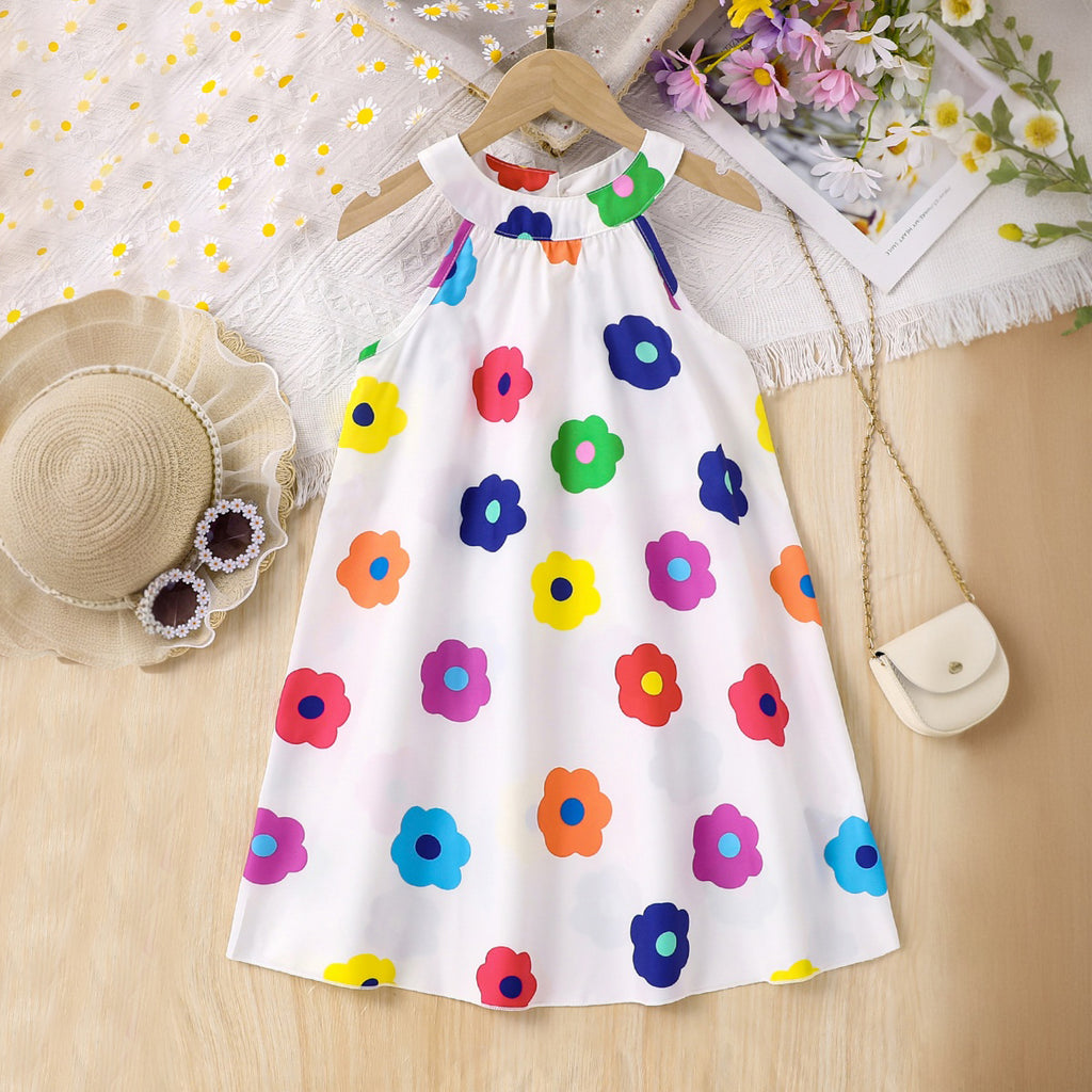 Girls Multicolor Floral Printed Sleeveless Halter Neck A-Line Dress Casual Dresses Multicolor 3-4 Y