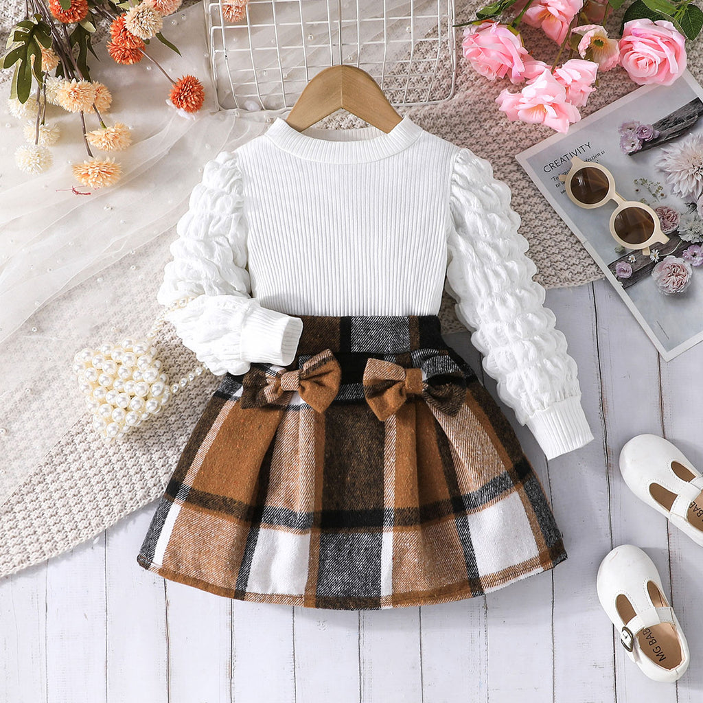 Girls Puff Sleeves Top With Brown Checked Skirt Set 2 pc. Sets Brown 2-3 Y