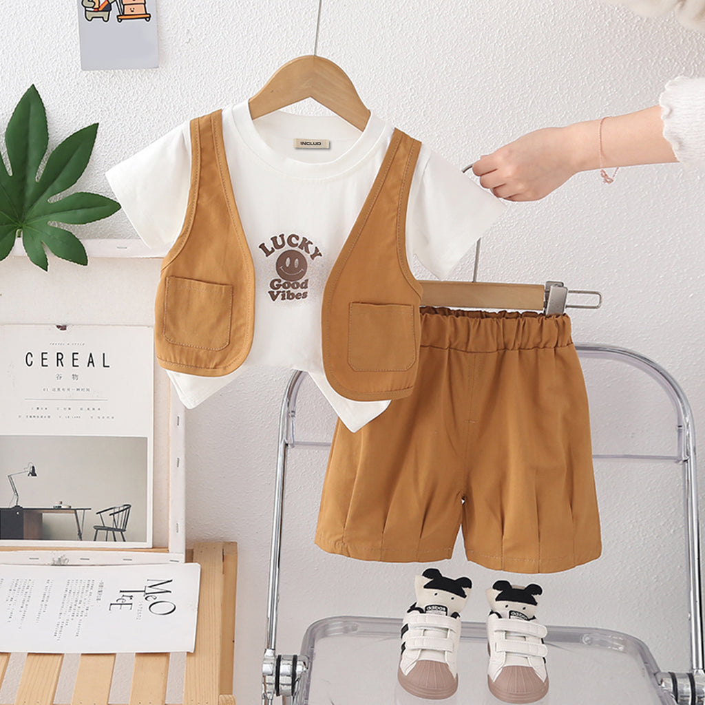 Boys Printed Attached Waistcoat T-Shirt With khaki Shorts Set 2 pc. Sets Khaki 1-2 Y