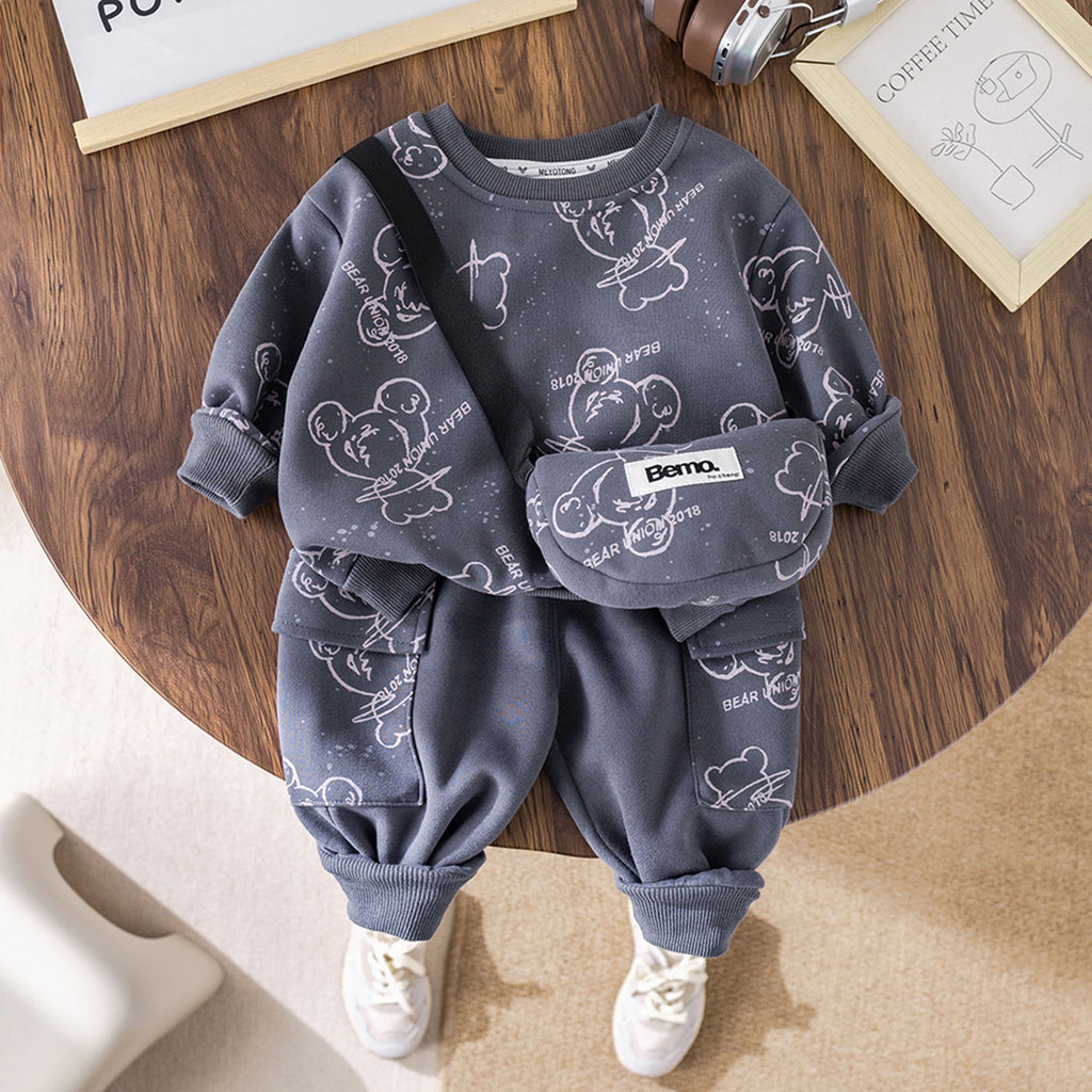 Boys Grey Bear Printed Sweatshirt With Sling Bag & Jogger Co-ord Set Sets Grey 1-2 Y