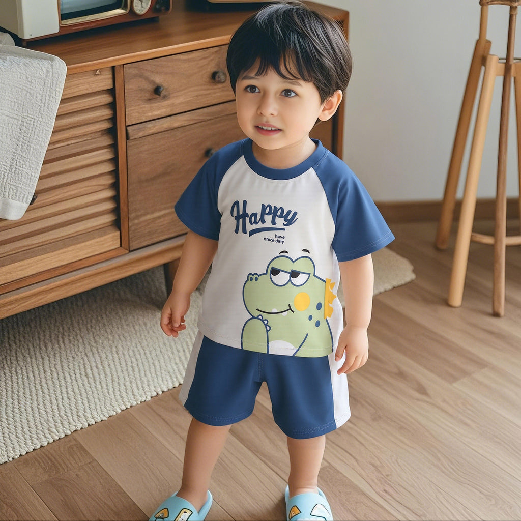 Boys Blue Happy Dinosaur Print Raglan Sleeve T-Shirt With Shorts Set 2 pc. Sets Blue 1-2 Y