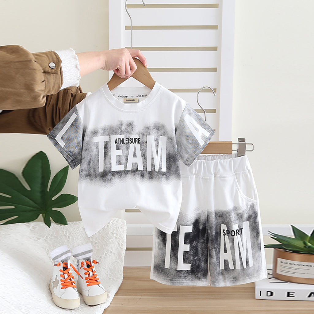 Boys White Dyed & Printed T-shirt with Shorts Set 2 pc. Sets White 1-2 Y