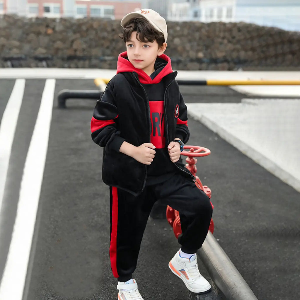 Boys Red Typographic Printed Hooded Sweatshirt With Vest & Jogger Sets Sets Red 5-6 Y