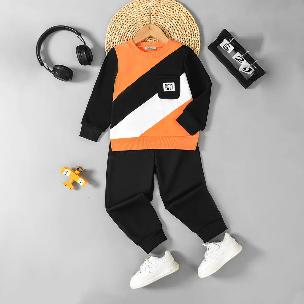 Boys Orange Color-blocked Sweatshirt With Elasticated Pants Sets 2 pc. Sets Orange 3-4 Y