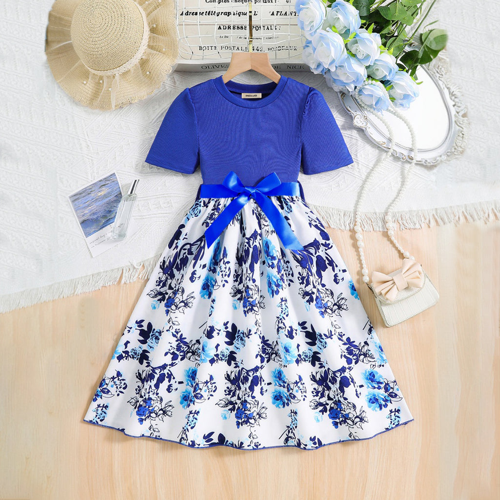 Girls Blue Floral Printed Short Sleeves Fit And Flared Dress Casual Dresses