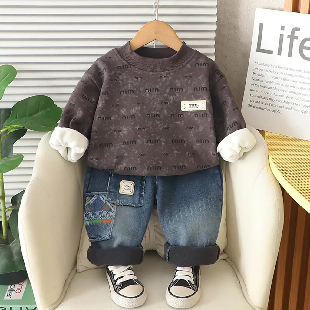 Boys Grey Printed Regular Sweatshirt With Denim Trousers Sets 2 pc. Sets Grey 1-2 Y