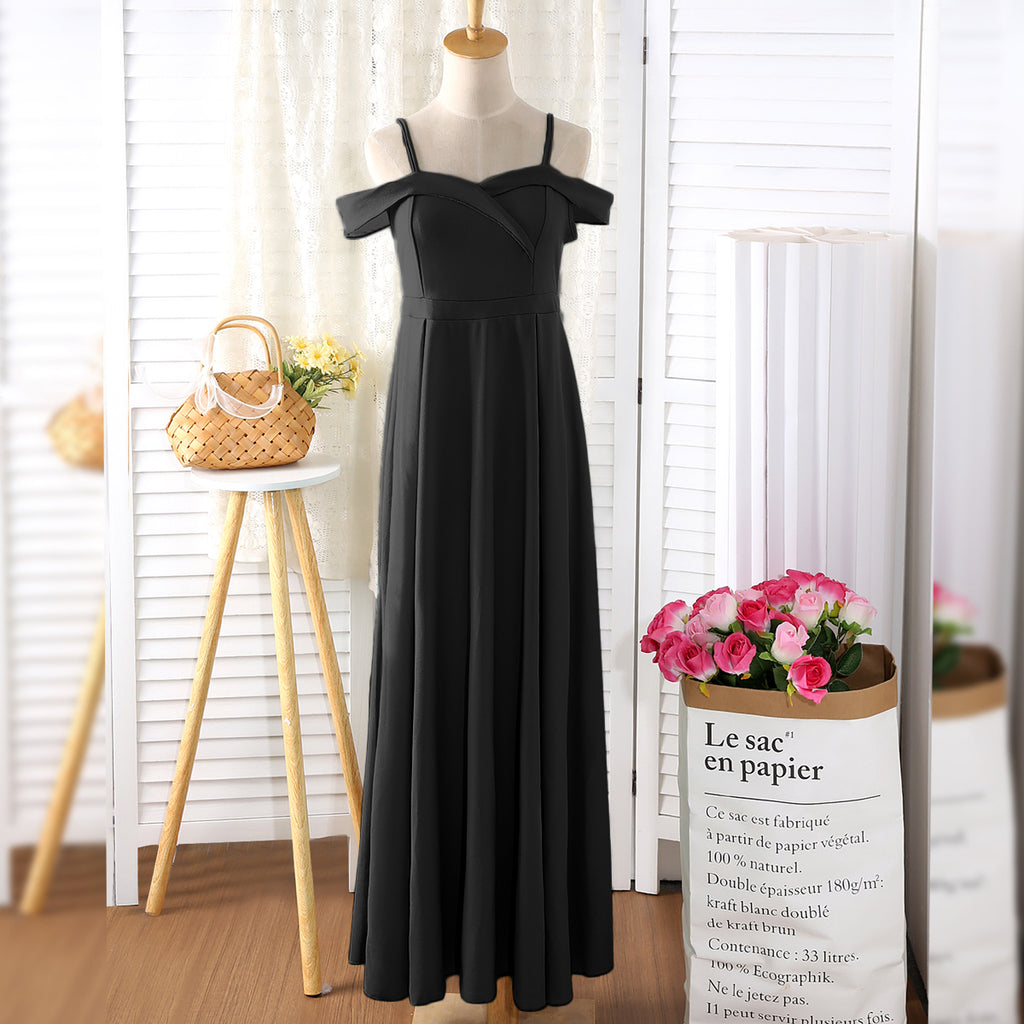 Girls Black Off Shoulder Spaghetti Strap Gown Party Dresses Black 12-13 Y