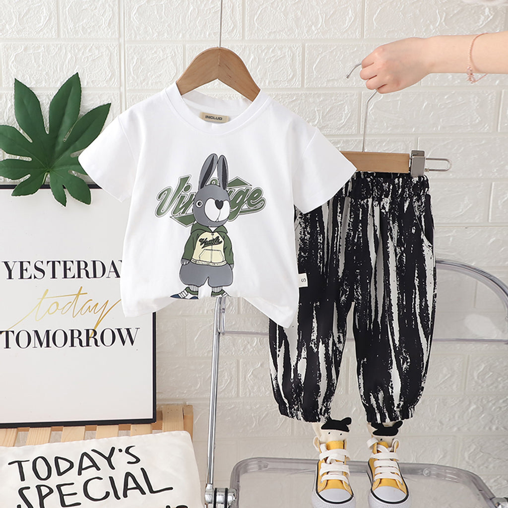Boys White Bunny Printed Short Sleeves T-Shirt With Pants Set 2 pc. Sets White 1-2 Y