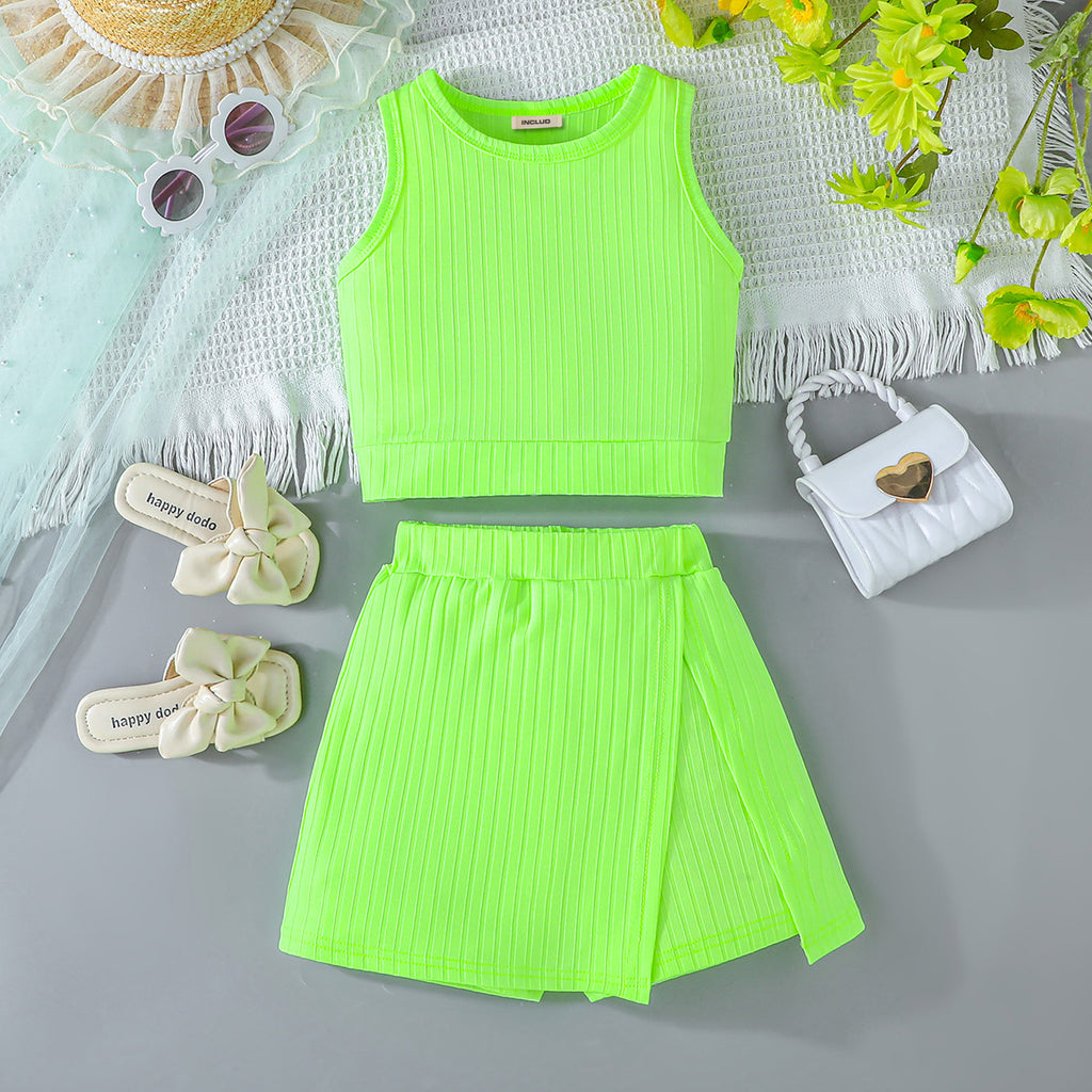 Girls Neon Green Sleeveless Top With Skorts Set 2 pc. Sets Green 2-3 Y