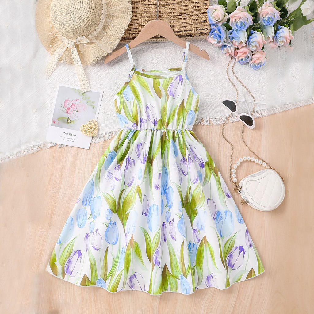 Girls Multicolor Tulip Floral Printed Sleeveless Fit & Flare Dress Casual Dresses