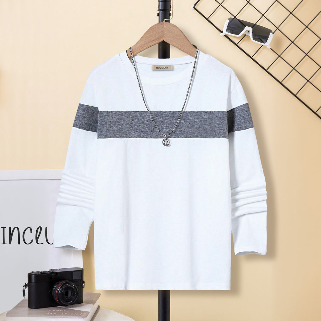 Boys White Long Sleeve Round Neck Color-blocked T-Shirt Tshirts White 7-8 Y
