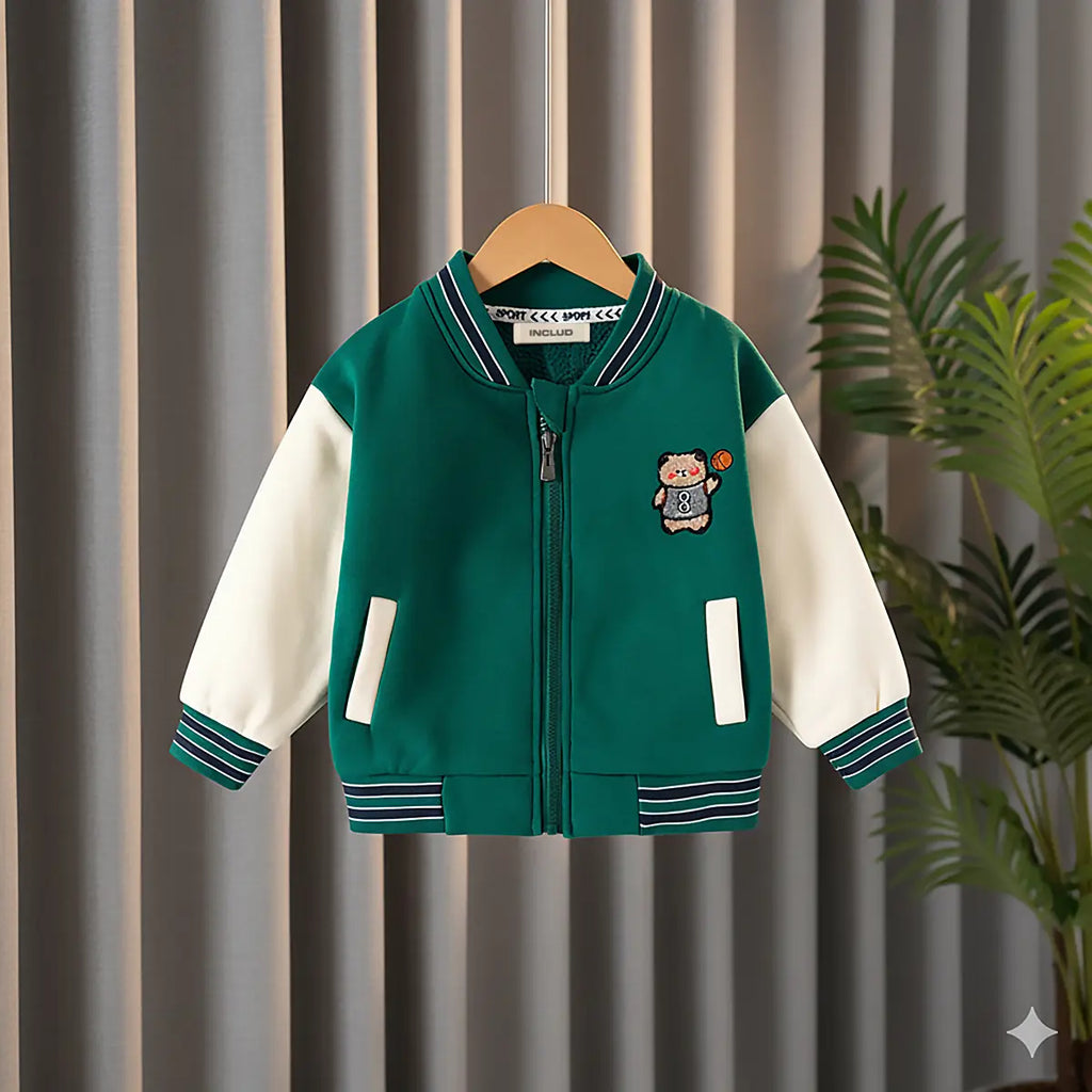 Boys Green Bear Cartoon Applique Varsity Jacket Coats & Jackets Green 1-2 Y