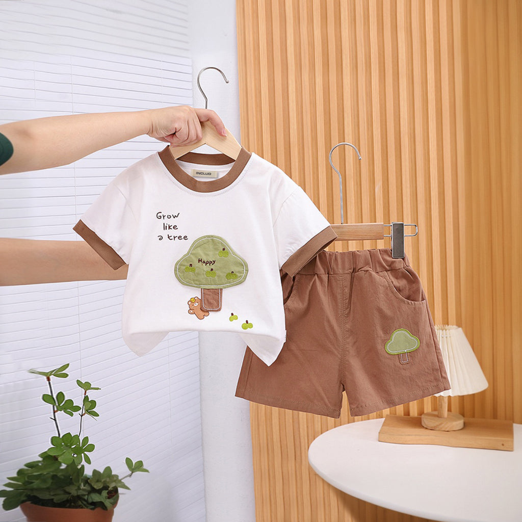 Boys Embroidery Applique Short Sleeves T-Shirt With Brown Shorts Set 2 pc. Sets Brown 1-2 Y