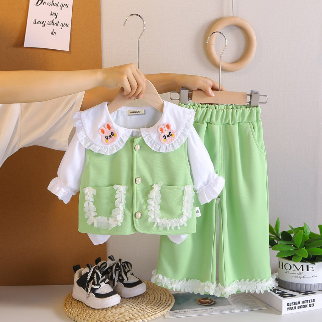 Girls Green Solid Sleeveless Jacket With Top & Pants Set Sets Green 1-2 Y
