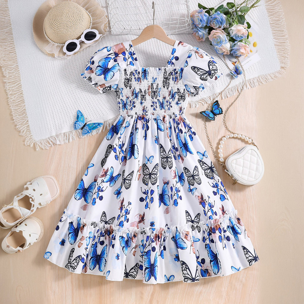 Girls White Butterfly Printed Puff Sleeves Square Neck Fit & Flare Dress Casual Dresses