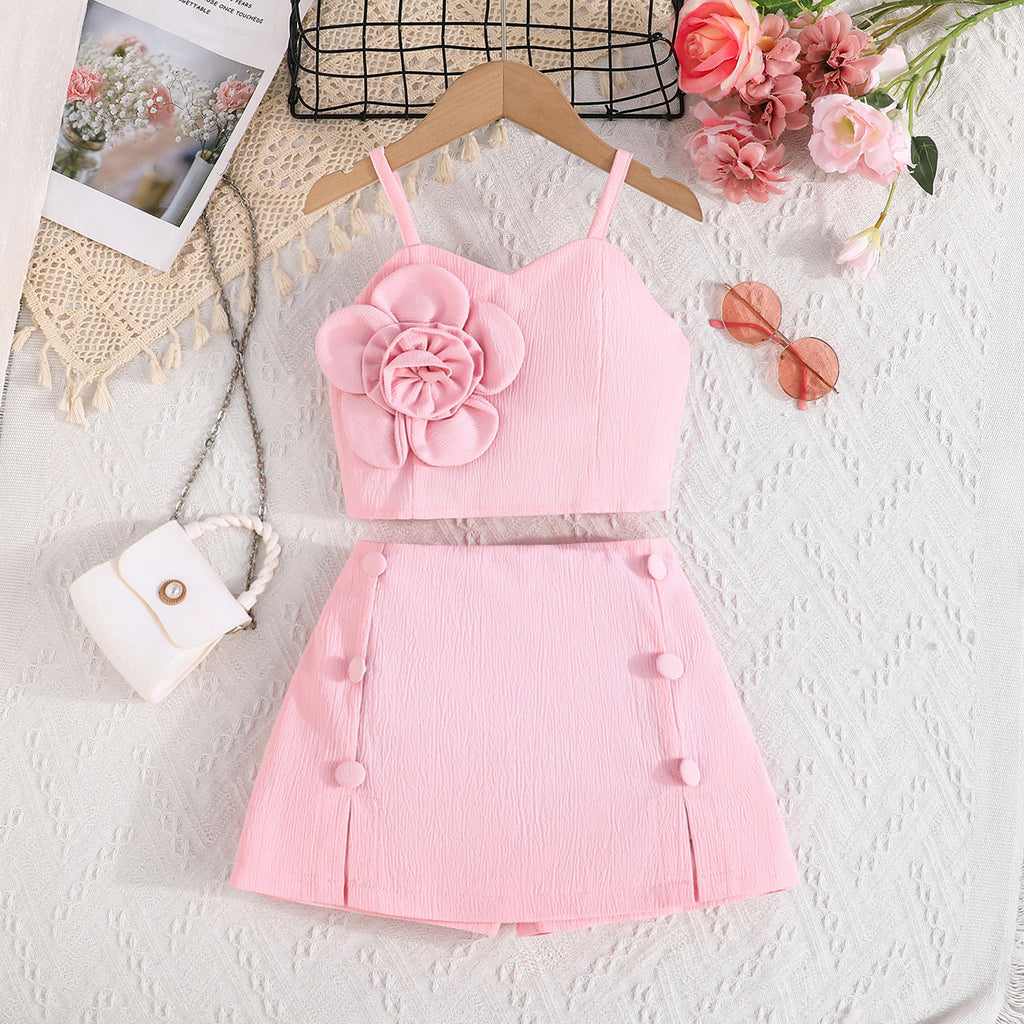 Girls Light Pink Flower Appliqued Top With Skorts Set 2 pc. Sets Light Pink 1-2 Y