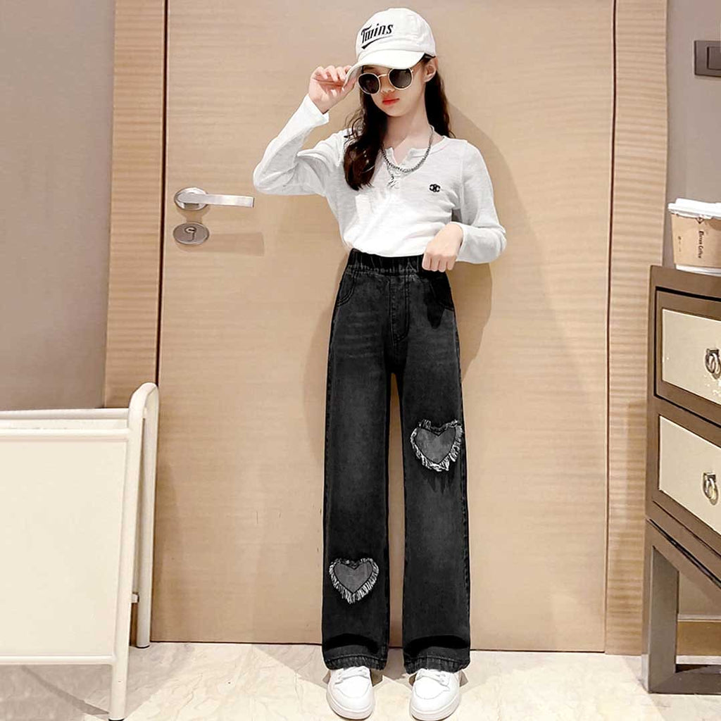 Girls Heart Applique Straight Fit Denim Trousers Jeans Black 6-7 Y 
