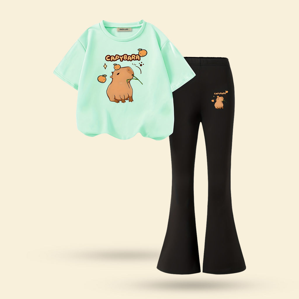 Girls Green Cartoon Graphic Short Sleeve Top With Bell Bottom Pants Set 2 pc. Sets Green 7-8 Y