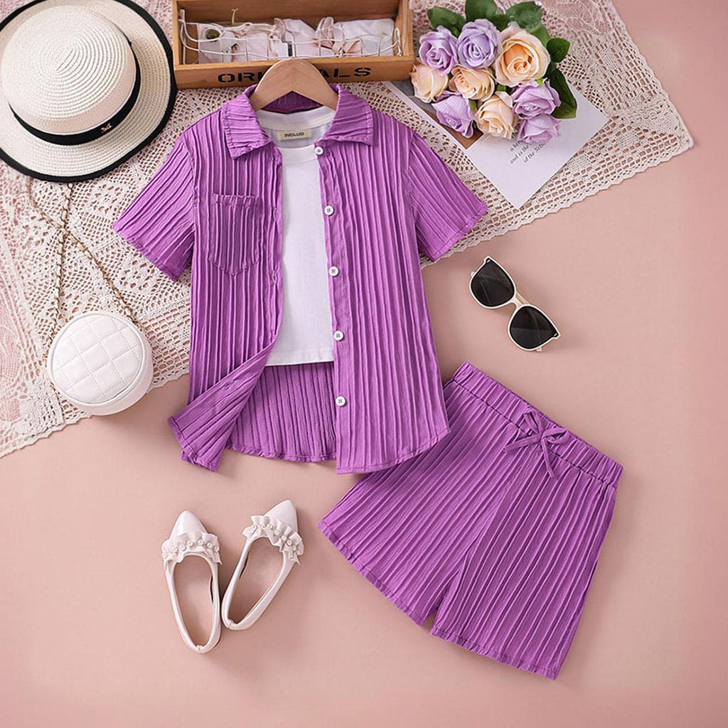 Boys Pleated Shirt With Shorts Set Sets Purple 7-8 Y
