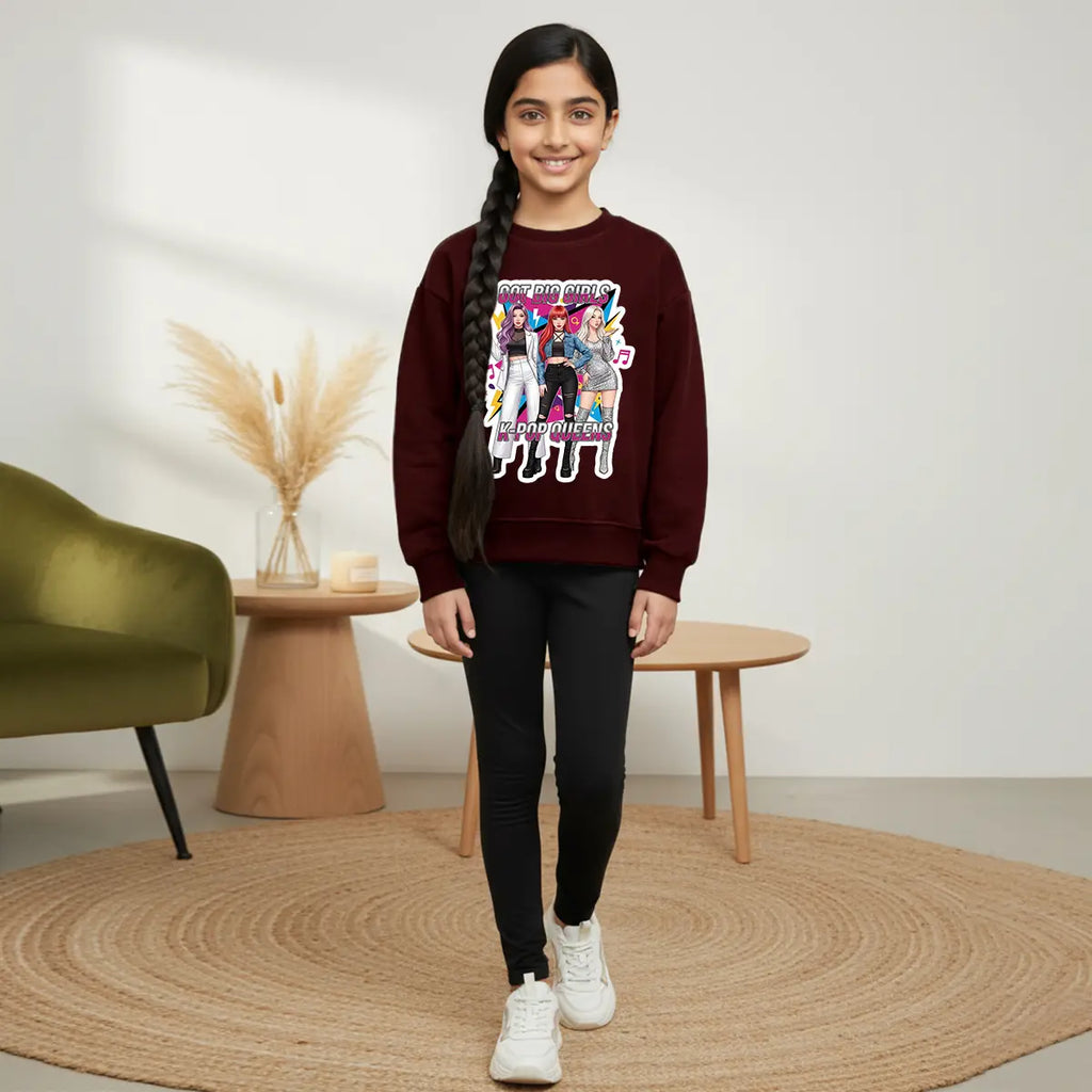 Girls Maroon K-Pop Queens Graphics Sweatshirt Sweatshirts & Hoodies Maroon 1-2 Y