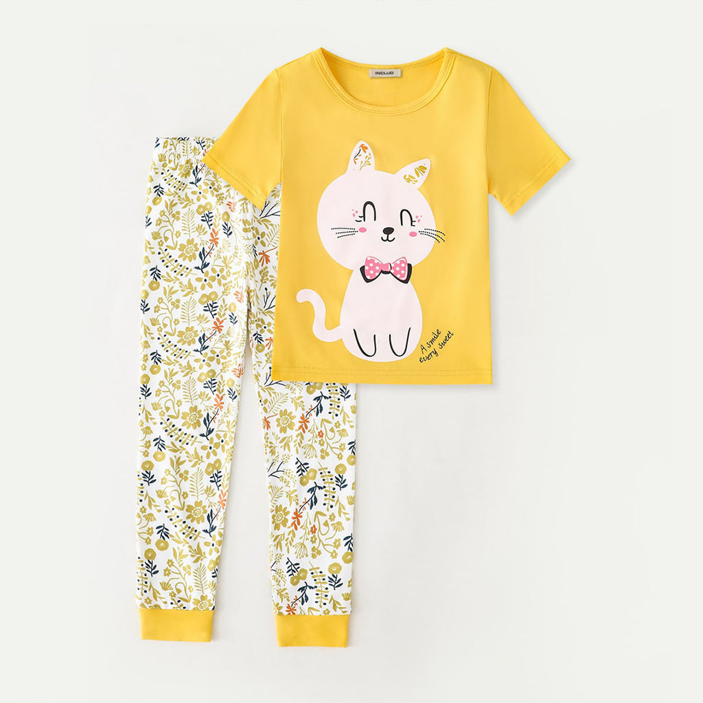 Girls Yellow Cat Print T-shirt with Floral Print Pajama Set Sets Yellow 3-4 Y