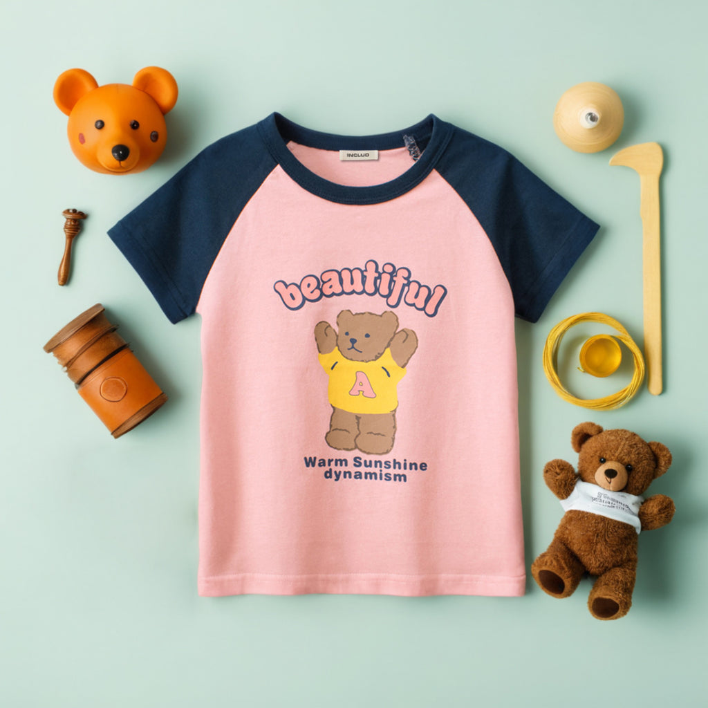 Girls Printed Raglan Sleeves T-shirt Tshirts Blue 1-2 Y 