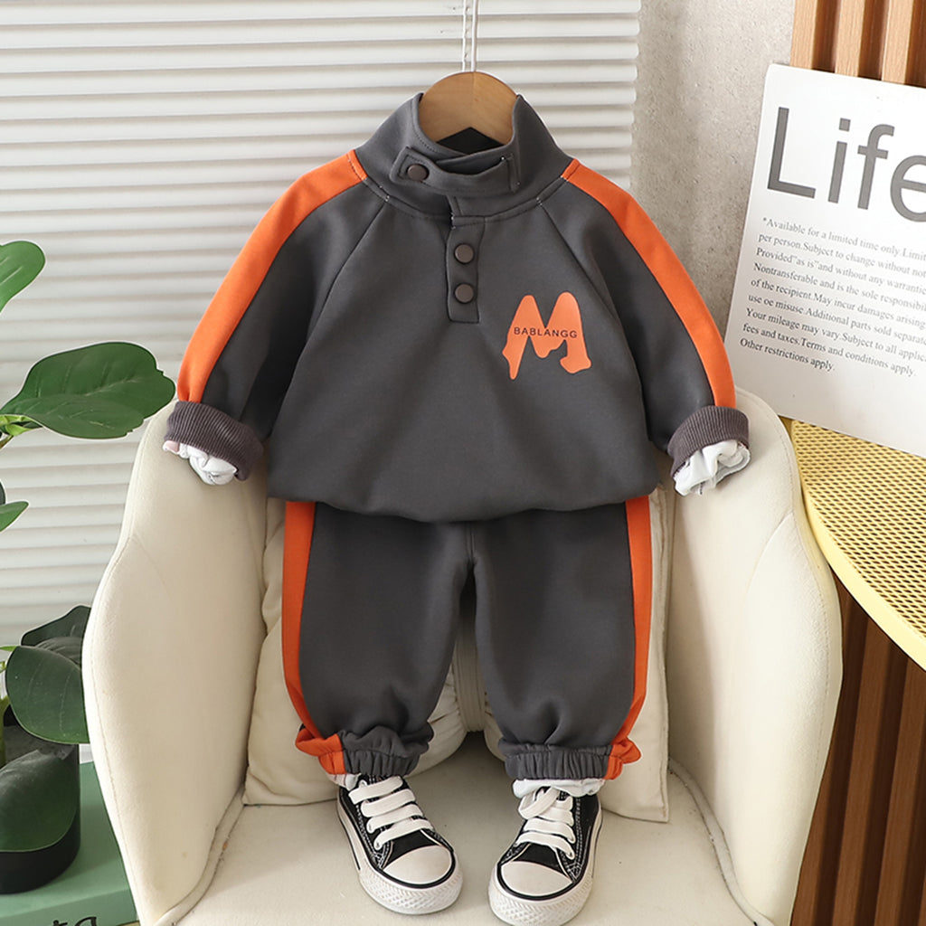 Boys Dark Grey M Printed High Neck Sweatshirt With Jogger Set 2 pc. Sets Dark Grey 1-2 Y