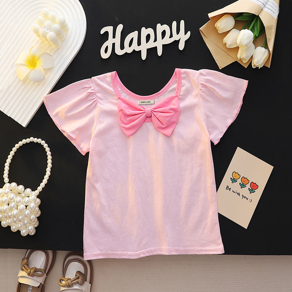 Girls Flower Motif Flared Sleeve Top Tops Pink 1-2 Y 