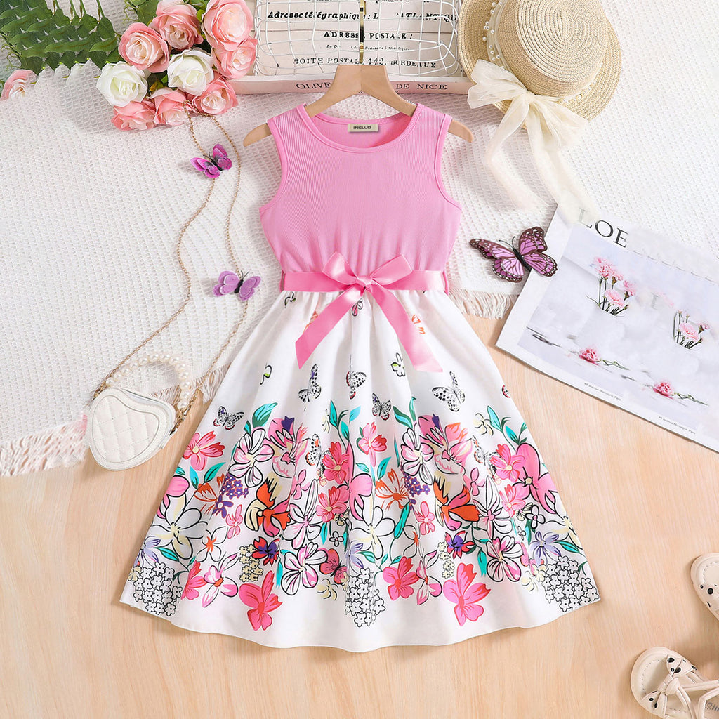 Girls Pink Floral Printed Sleeveless Fit And Flared Midi Casual Dress Casual Dresses Pink 3-4 Y