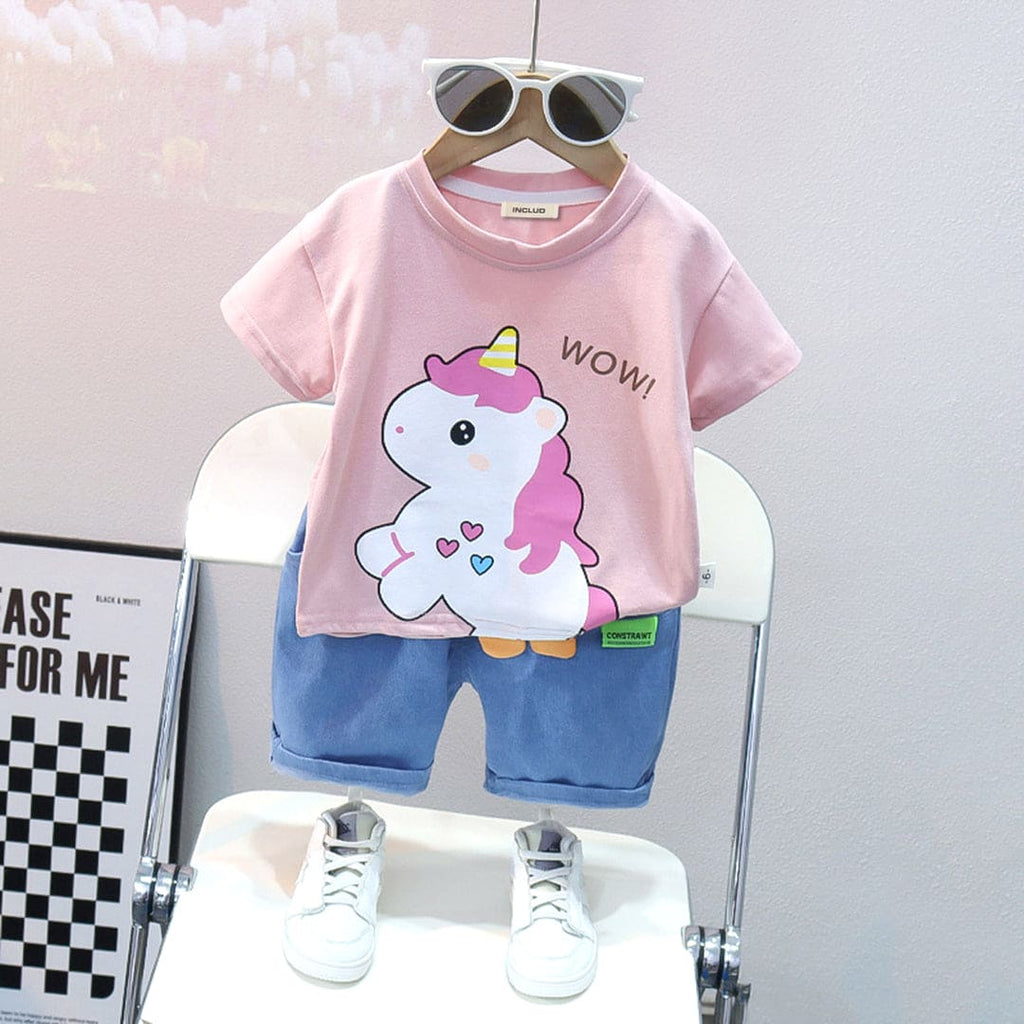 Boys Cartoon Print T-Shirt with Denim Shorts Set Sets Pink 1-2 Y