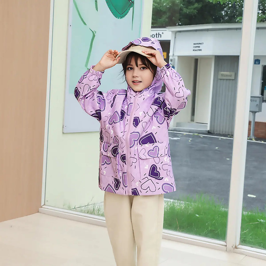 Girls Purple Heart Printed Hooded Zipper Jacket With Fleece Vest Coats & Jackets Purple 2-3 Y