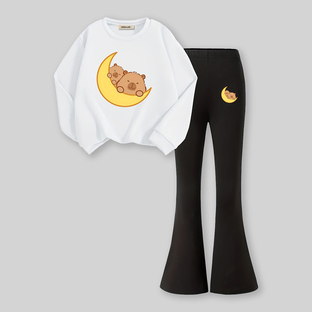 Girls White Moon Graphics Sweatshirt With Flared Pants Sets 2 pc. Sets White 7-8 Y