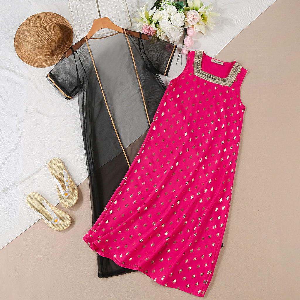 Girls Fuchsia Embroidered A-line Dress with Sheer Long Shrug Casual Dresses Fuchsia 8-9 Y