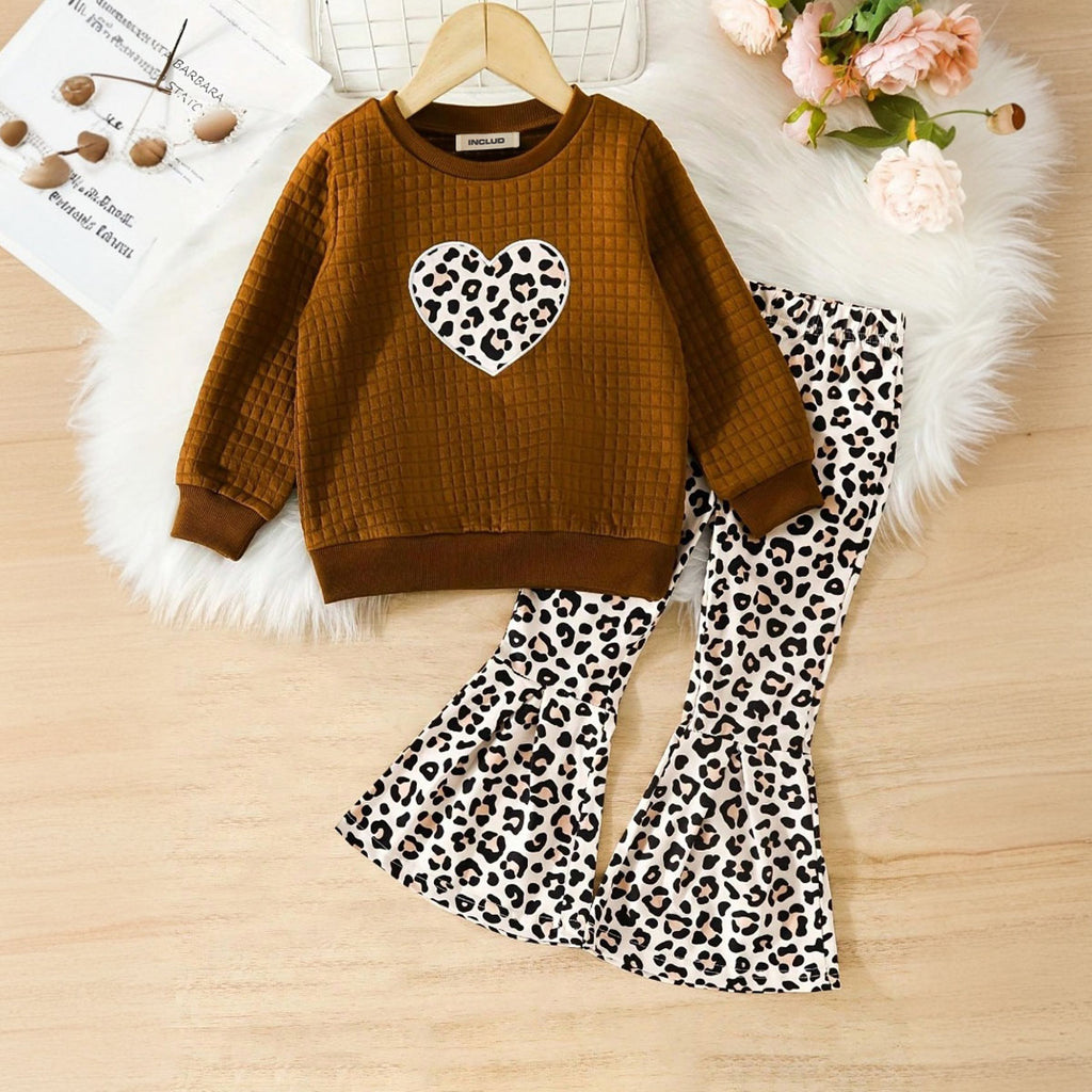 Girls Brown Waffle Knit Sweatshirt with Animal Print Flared Pants Set Sets Brown 3-4 Y