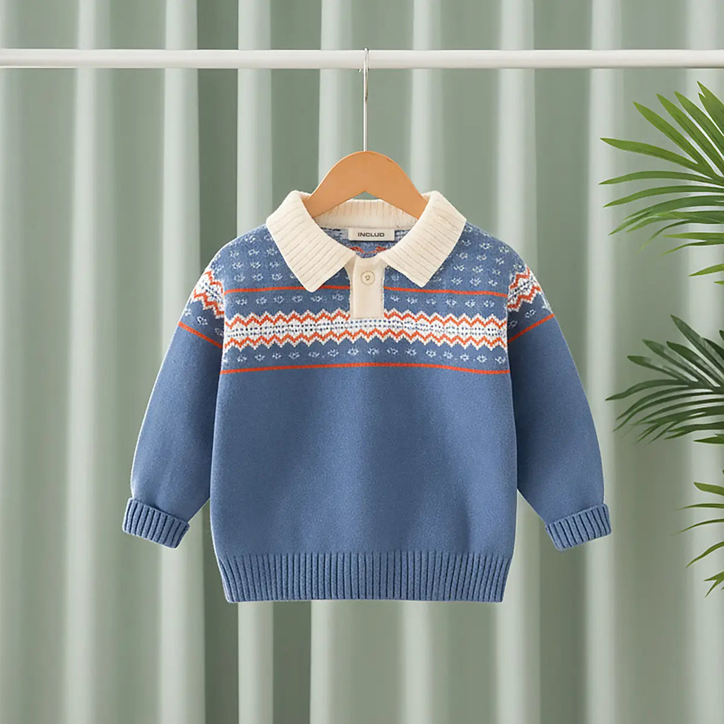 Boys Blue Polo Sweater With Self-Design Jacquard Pattern Sweaters & Cardigans Blue 1-2 Y