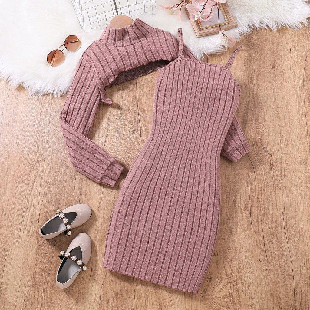Girls Pink Strappy Dress with Turtle Neck Full Sleeves Crop Top Casual Dresses Pink 8-9 Y 