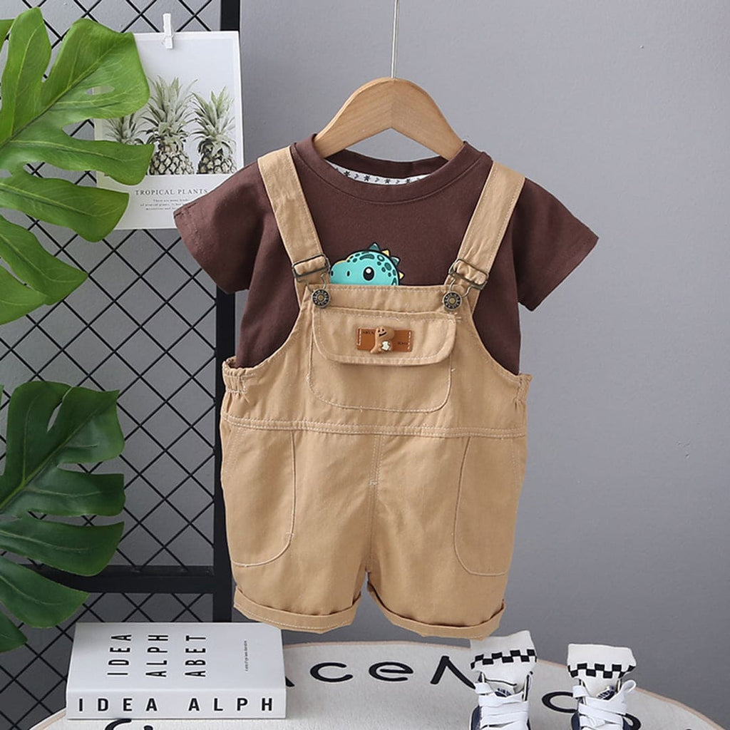 Boys Brown Dinosaur Print Short Sleeves T-shirt with Dungaree Set Sets Brown 1-2 Y