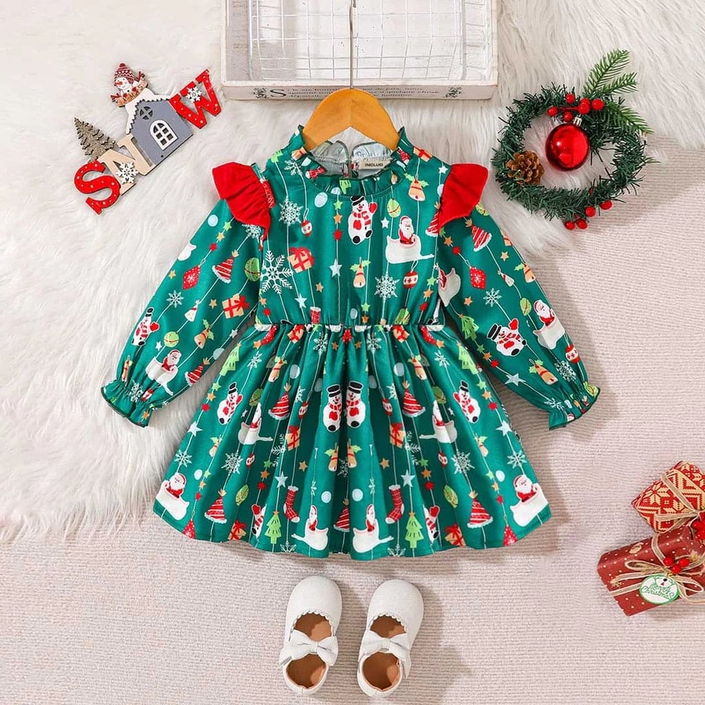 Girls Green Christmas Print Fit & Flare Casual Dress Casual Dresses Green 18-24 M