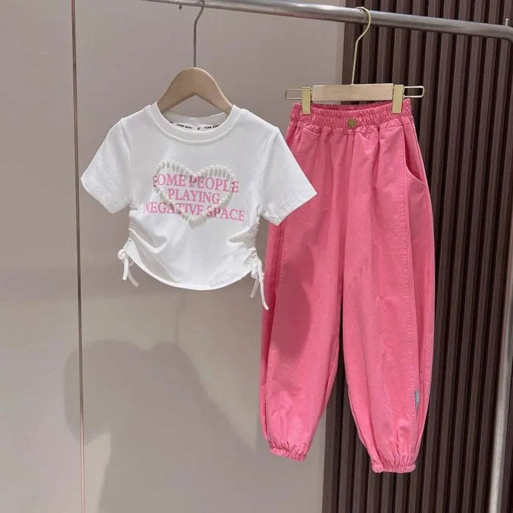 Girls Pearl Heart Short Sleeve Top With Elasticated Joggers 2 pc. Sets White 4-5 Y