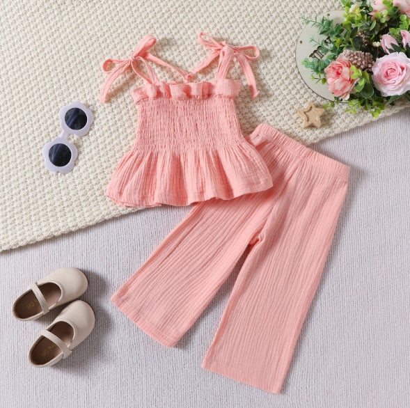 Girls Elasticated Sleeveless Top With Crinkled Pants Set Sets Pink 1-2 Y