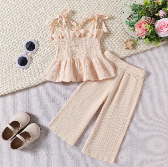 Girls Elasticated Sleeveless Top With Crinkled Pants Set Sets Yellow 1-2 Y