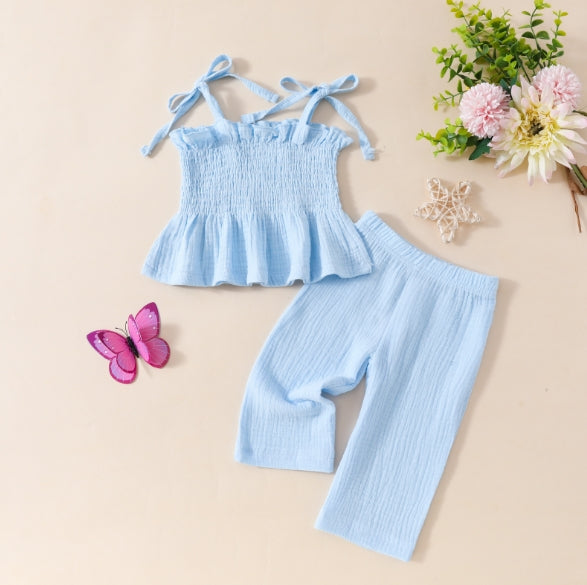 Girls Elasticated Sleeveless Top With Crinkled Pants Set Sets Sky Blue 1-2 Y