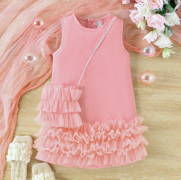 Girls Sleeveless A-line Casual Dress With Sling Bag Casual Dresses Pink 4-5 Y