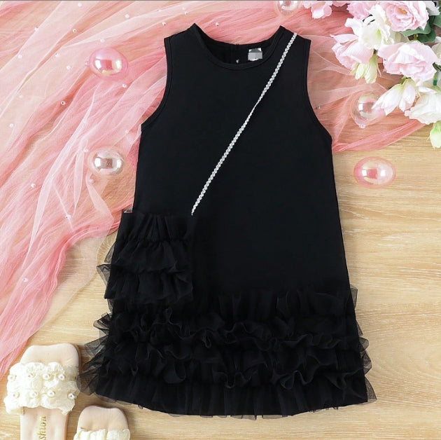 Girls Sleeveless A-line Casual Dress With Sling Bag Casual Dresses Black 4-5 Y