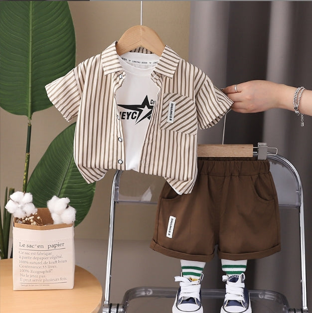 Boys Striped Shirt With T-Shirt And Shorts 3 pc. Sets Beige 1-2 Y
