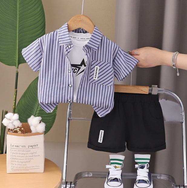 Boys Striped Shirt With T-Shirt And Shorts 3 pc. Sets Blue 1-2 Y